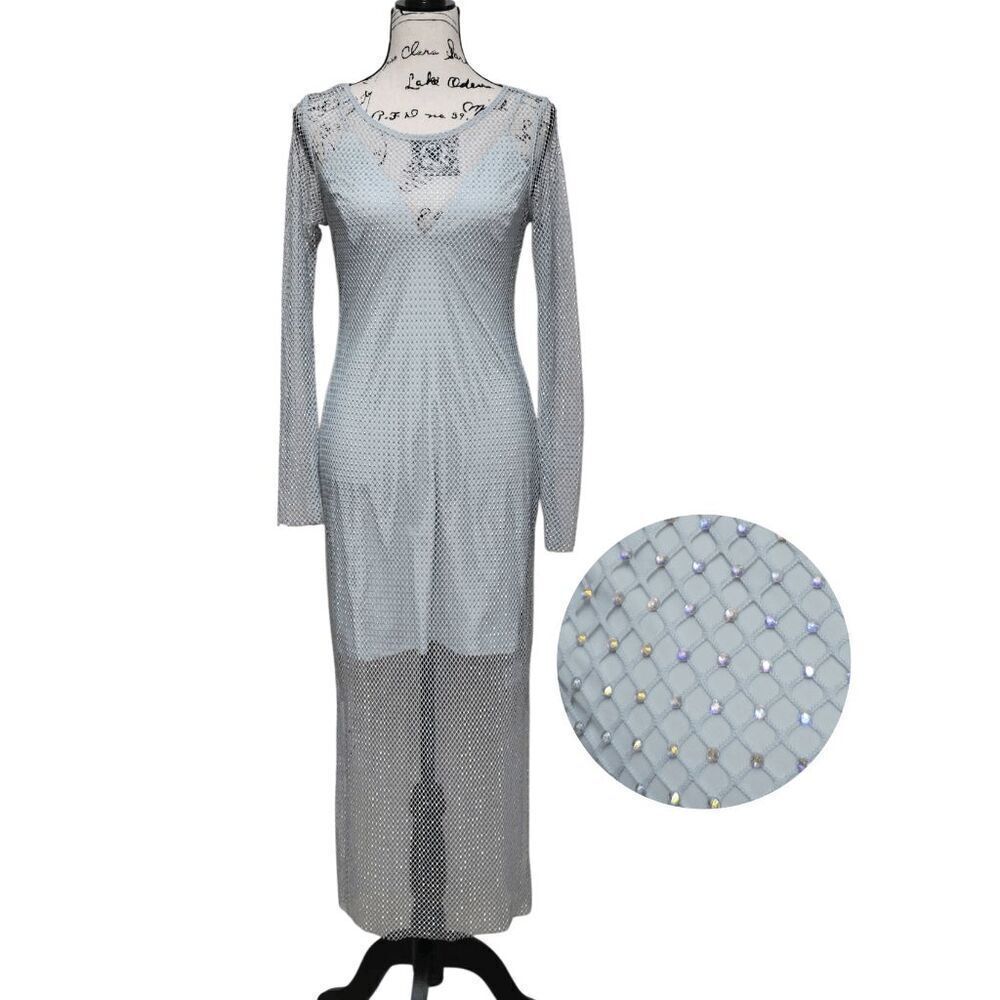 ✨💎 NWT HOUSE OF HARLOW 1960 Long Sleeve Mesh Crystal Rhinestone Maxi Dress Sz S